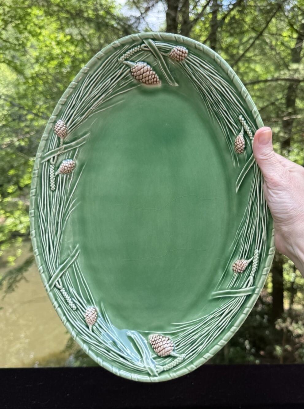 PIERRE DEUX Portugal French Country Green Pine Cone 15 1/2" Serving Dish PLATTER